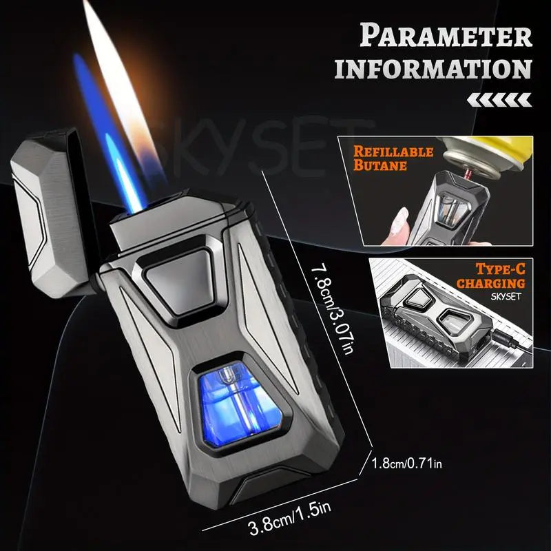 🎁Gift Voice-Activated Dual Flame Lighter (Butane Not Included) | USB Rechargeable Windproof Refillable with Visible Window