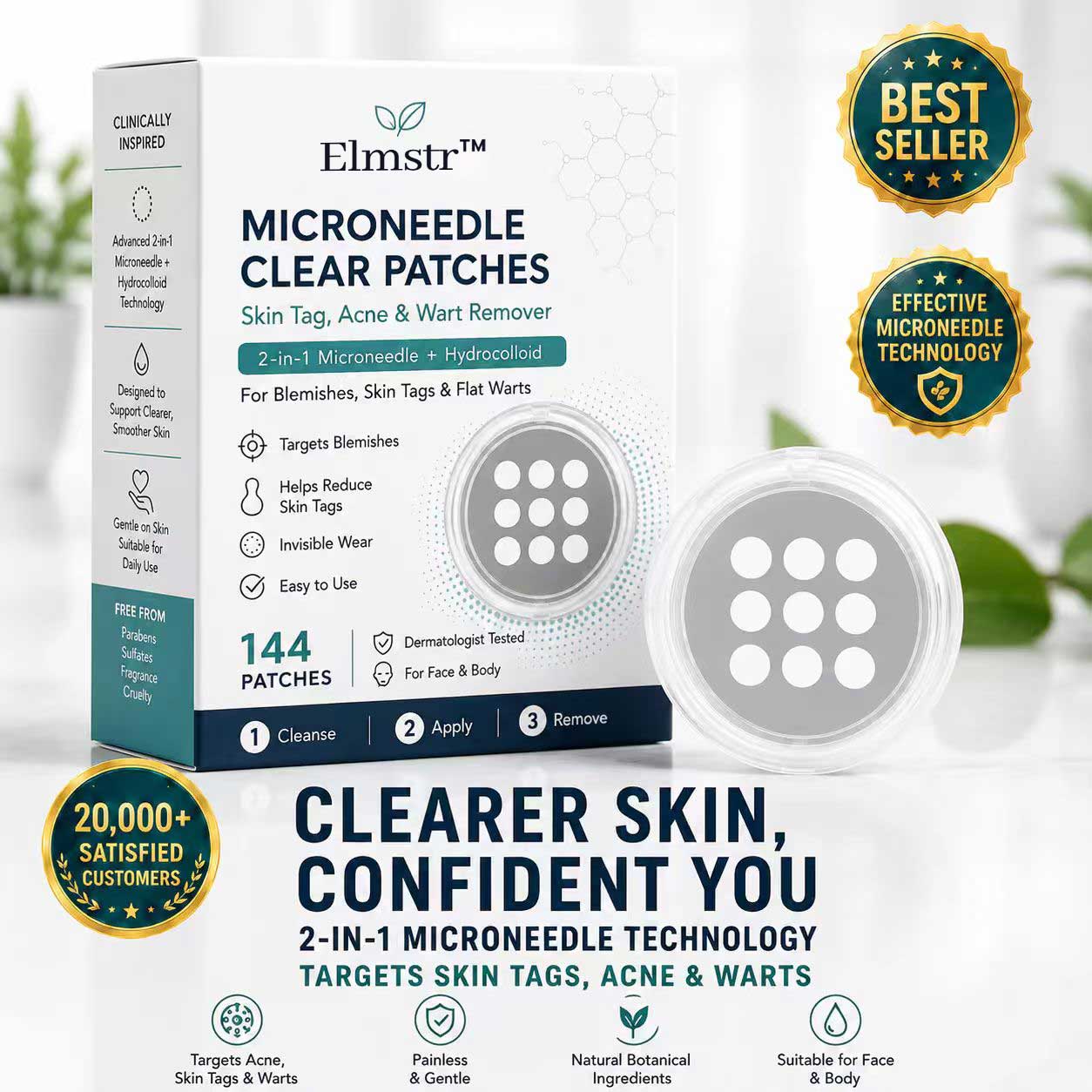 ✨Elmstr®2-in-1 Microneedle & Hydrocolloid Patch🍀| Removes Raised Moles, Acne, Flat Warts & Skin Tags | Helps Improve Wrinkles, Scars & Blemishes | Invisible Patches for Face & Body