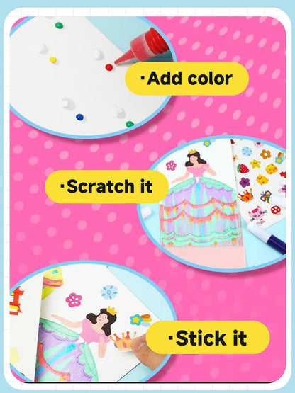 Rainbow Squeeze Art Kit - Creative Scratch & Color Art Set for Kids with 20 Drawing Papers 7 Acrylic Paints 6 Watercolor Pens 1 Sticker Sheet & Squeegee Board Perfect for DIY Art & Gifts