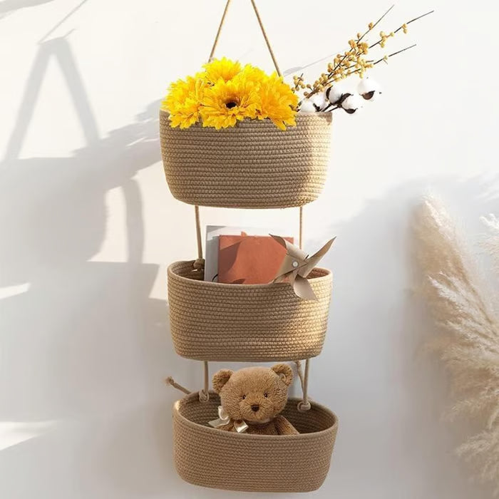 🧺Woven cotton 3-Tier Over the Door Basket, Wall-Mounted Jute Storage Organizer🔥