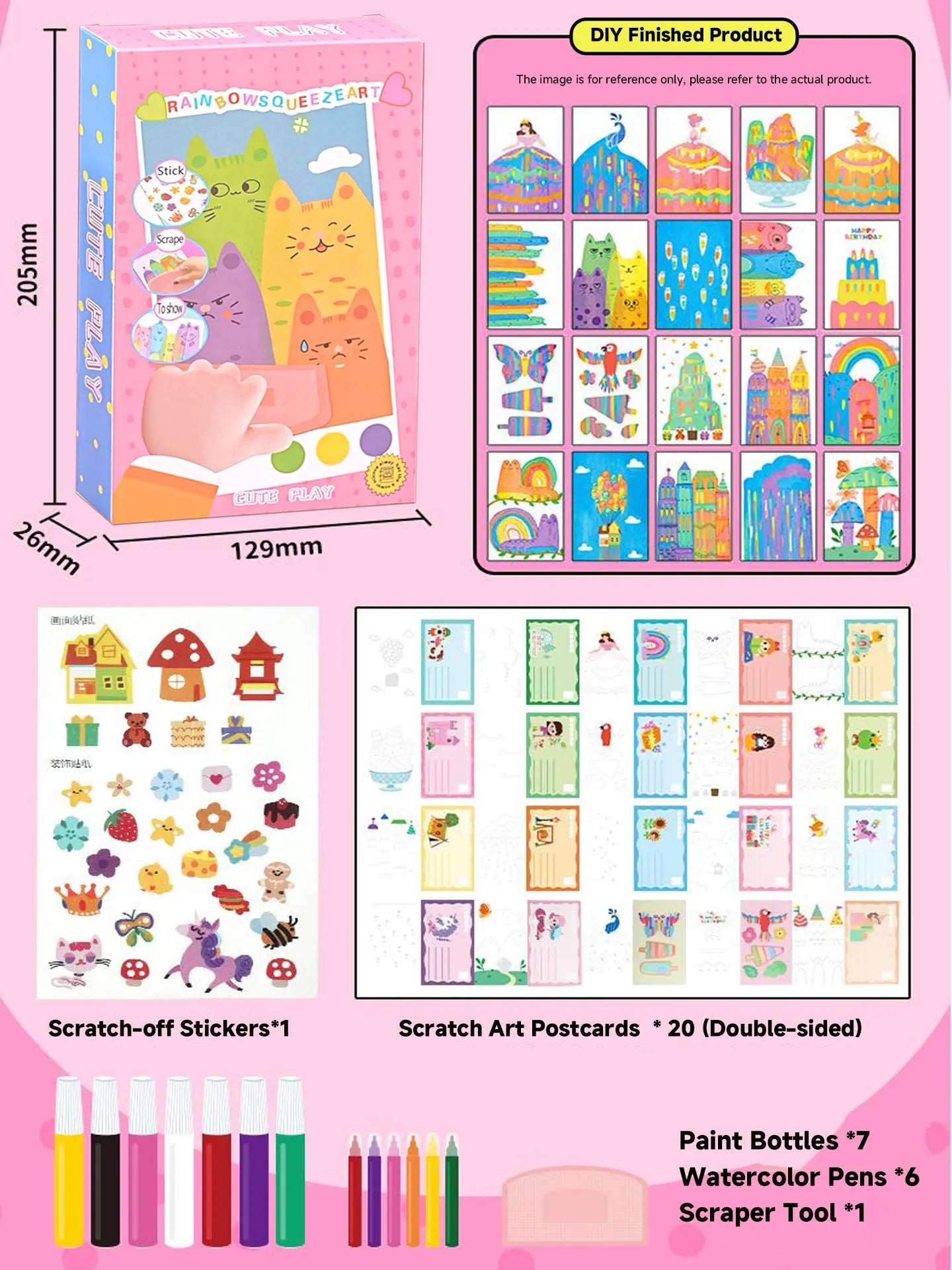 Rainbow Squeeze Art Kit - Creative Scratch & Color Art Set for Kids with 20 Drawing Papers 7 Acrylic Paints 6 Watercolor Pens 1 Sticker Sheet & Squeegee Board Perfect for DIY Art & Gifts