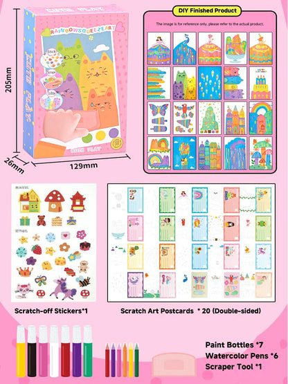 Rainbow Squeeze Art Kit - Creative Scratch & Color Art Set for Kids with 20 Drawing Papers 7 Acrylic Paints 6 Watercolor Pens 1 Sticker Sheet & Squeegee Board Perfect for DIY Art & Gifts