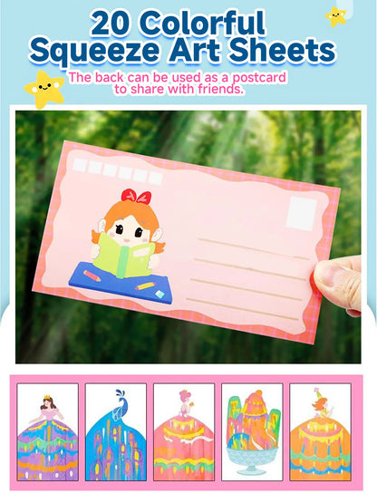 Rainbow Squeeze Art Kit - Creative Scratch & Color Art Set for Kids with 20 Drawing Papers 7 Acrylic Paints 6 Watercolor Pens 1 Sticker Sheet & Squeegee Board Perfect for DIY Art & Gifts