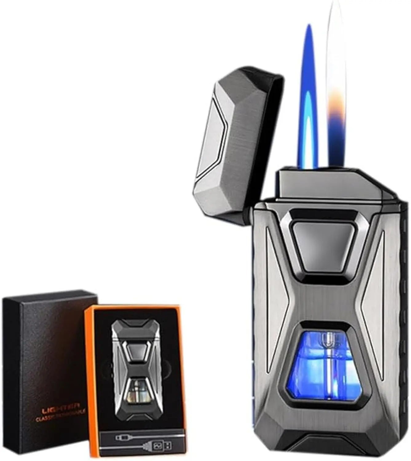 🎁Gift Voice-Activated Dual Flame Lighter (Butane Not Included)  | USB Rechargeable Windproof Refillable with Visible Window