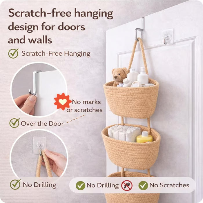 🧺Woven cotton 3-Tier Over the Door Basket, Wall-Mounted Jute Storage Organizer🔥